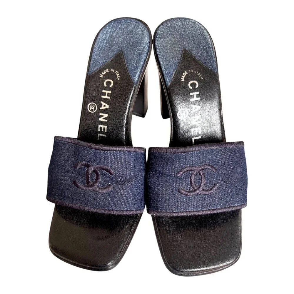 90'S Y2K VTG. AUTHENTIC‎ CHANEL DENIM CC LOGO SLIDES MULES SANDALS SZ. 6 EUC